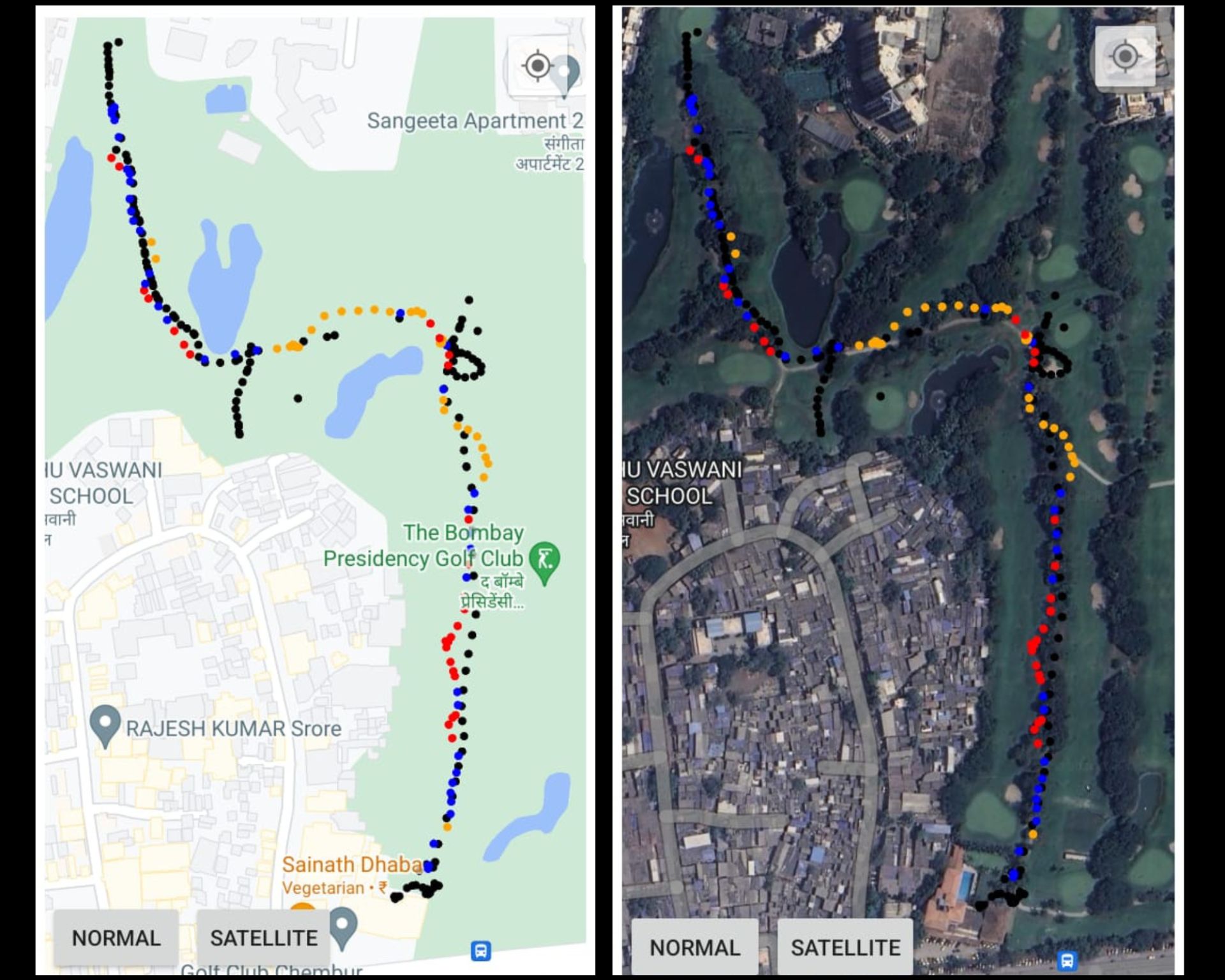 GPS deviation tracking output on tablet — normal vs satellite map view of the course
