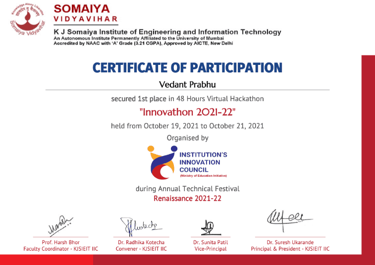 Innovathon 2021-22 certificate — 1st place
