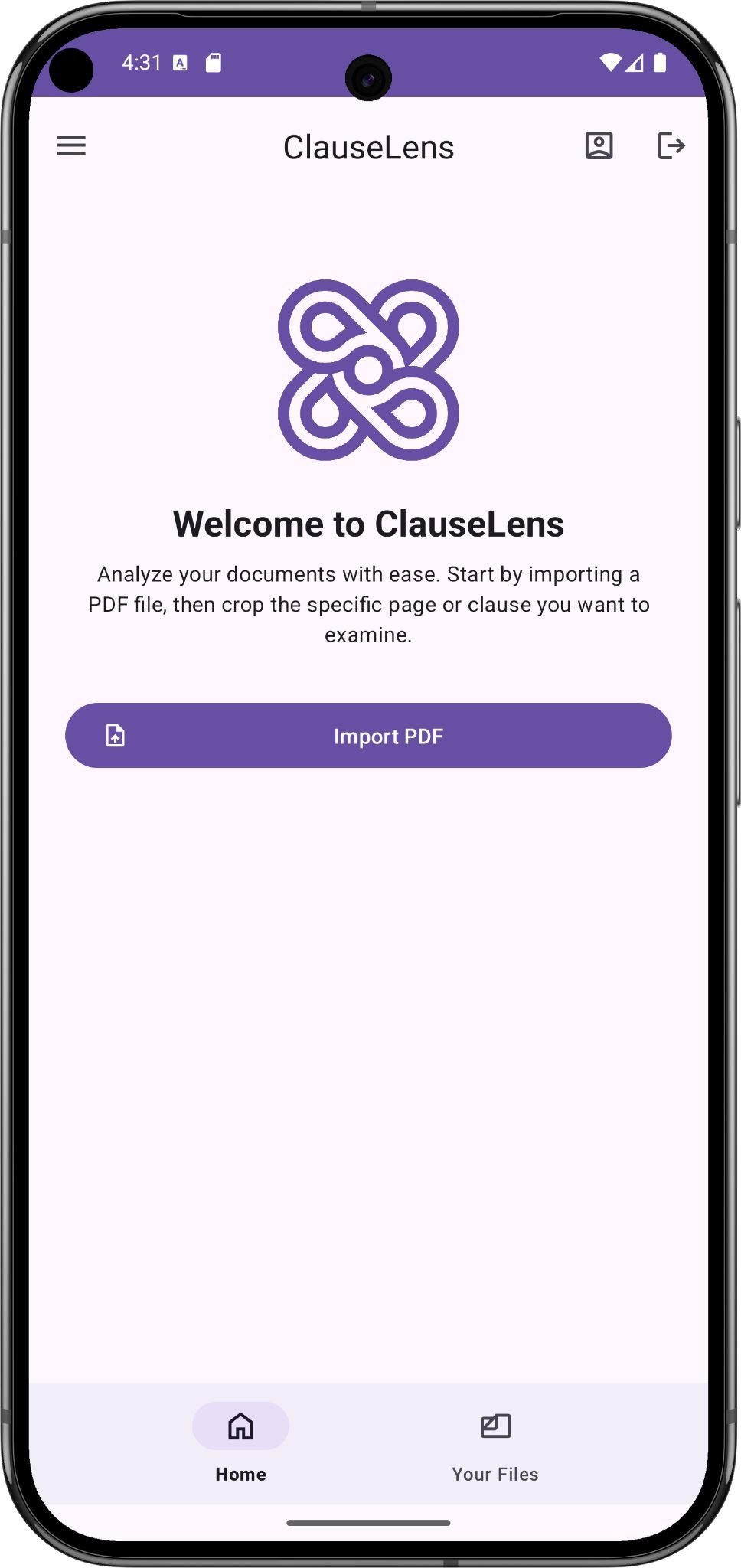 ClauseLens welcome — import a PDF