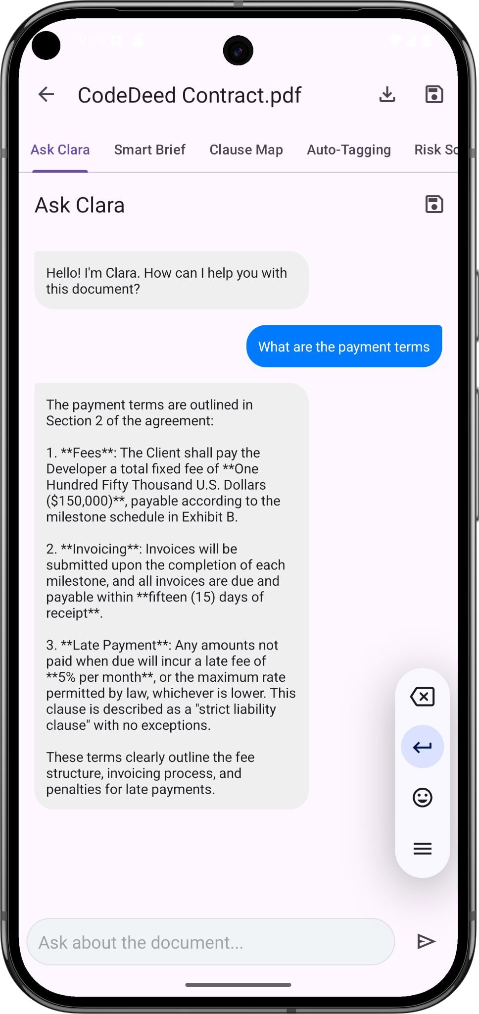 ClauseLens Ask Clara — chat about the document