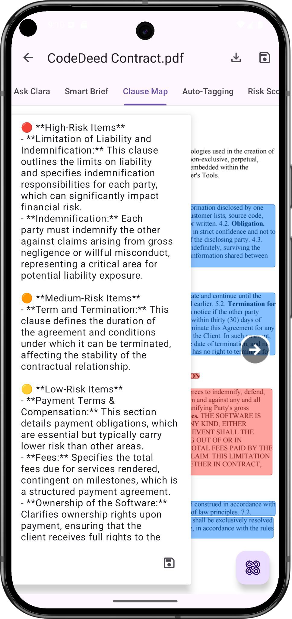 ClauseLens Clause Map — risk-highlighted contract