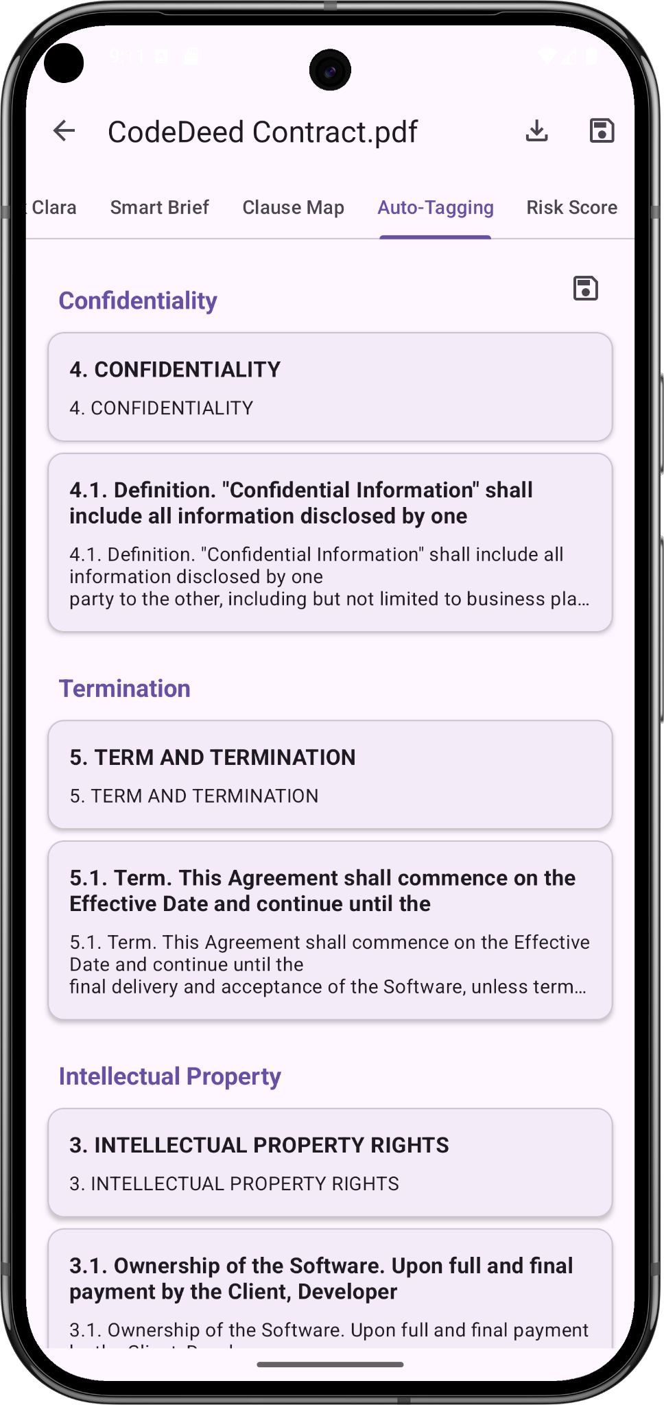 ClauseLens Auto-Tagging — clauses grouped by type