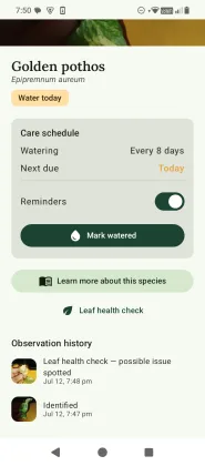 FloraLens plant page — schedule, reminders, leaf health check