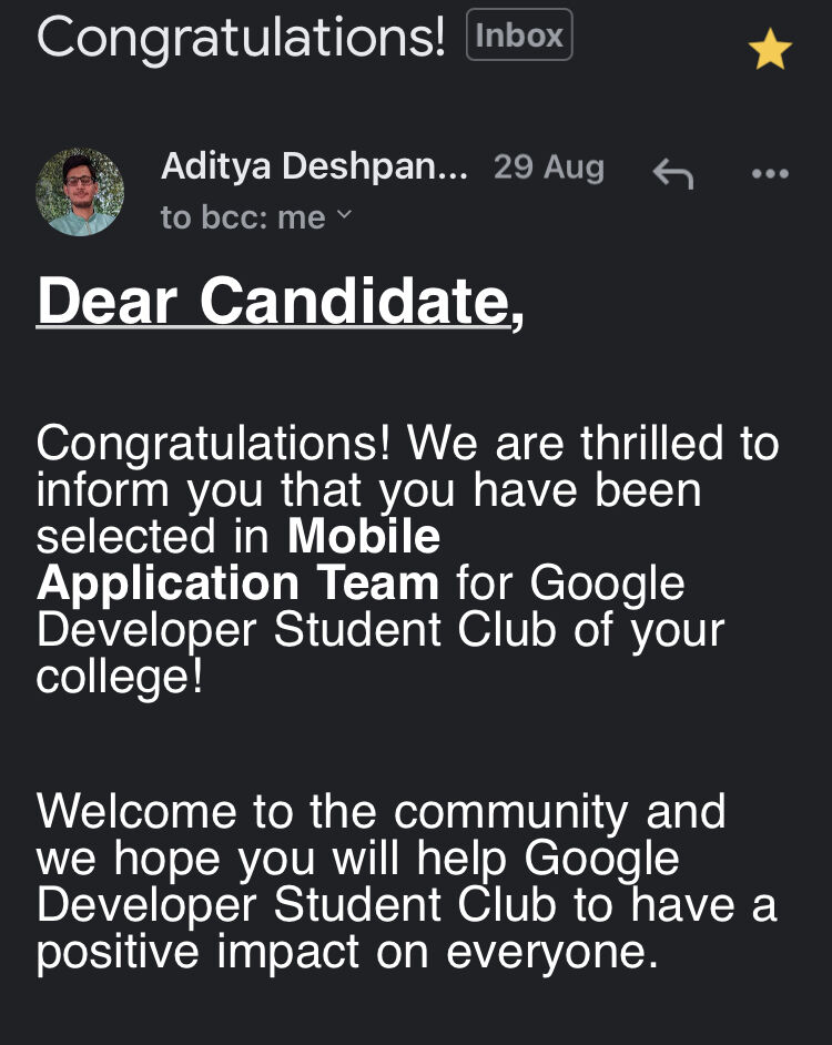 GDSC Mobile Application Team selection mail